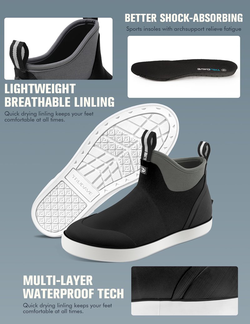 Trudave Deck Boots for Men, Waterproof Rain Boots with High Traction, Slip On Saltwater Fishing Boots Neoprene Rubber Ankle Boots for Boating Sailing