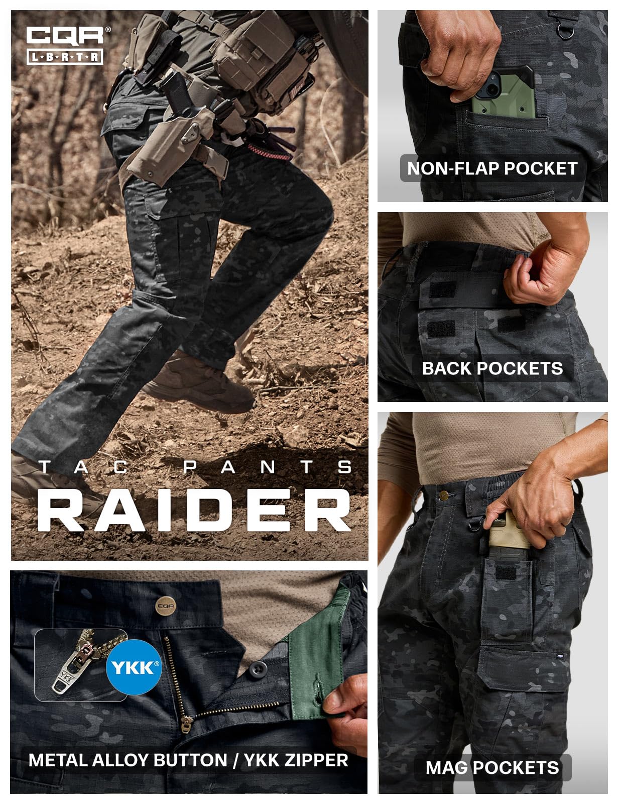 CQR Men's Tactical Pants, Water Resistant Ripstop Cargo Pants, Lightweight EDC Work Hiking Pants, Outdoor Apparel, Duratex Mag Pocket Print Utility Camo Black, 36W x 34L