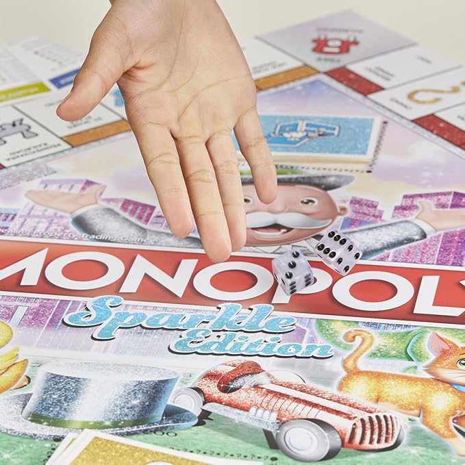 Hasbro Gaming Monopoly Sparkle Edition Board Game Family Games with Glittery Tokens Pearlescent Dice Sparkly Look (Amazon Exclusive)
