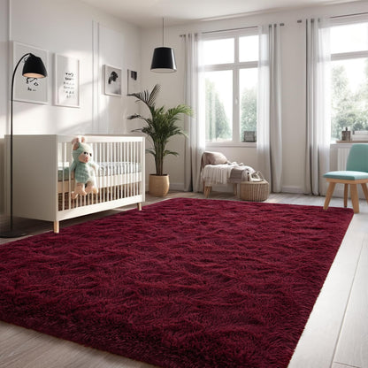 Nuttumico Fluffy Burgundy Red Rug Carpet for Bedroom Living Room, 4x6 Feet High Pile Area Rugs for Boys Kids Girls Decor, Soft Shaggy Plush Cute Floor Rug for Nursery Dorm, Non-Slip