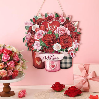 Boao Welcome Valentine's Day Wooden Hanging Sign Farmhouse Door Decor Valentine's Day Wood Love Rose Door Sign Rustic Wall Plaque Ornaments for Window Wall Porch Decorations