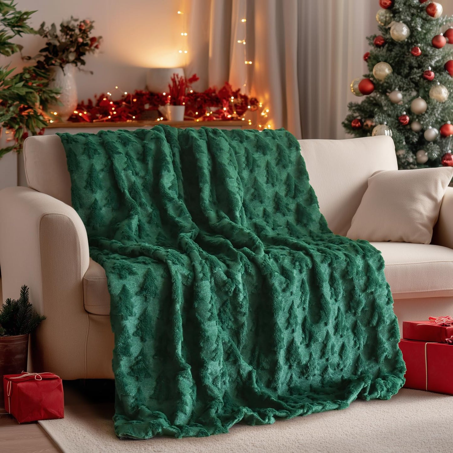 Horaldaily Christmas Blanket Throw, Green Christmas Tree Soft Fuzzy Plush Faux Fur Cozy Blankets for Couch Sofa Bed Lounging, Ideal Gifts for Kids Adults Wife Self, 50x60