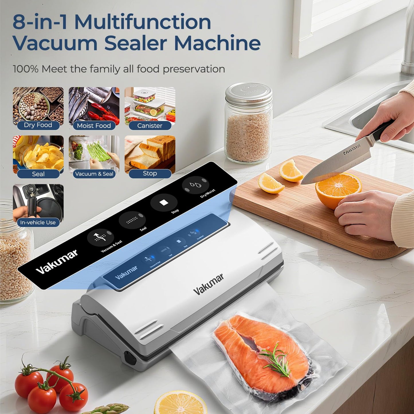 Upgraded Vacuum Sealer Machine for Food, 8 in 1 Food Sealer Vacuum Sealer with Powerful Suction, Dry & Moist Modes, Sous Vide Compatible, Included Car Charger(In-vehicle use)