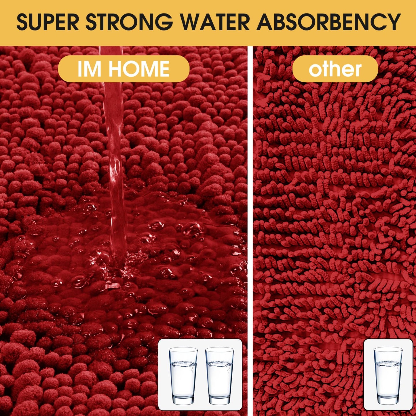 ACCUMTEK Upgrade Extra Large Red Bathroom Rug Set 3 Pieces Ultra Soft, Thick Absorbent Bath Mats, Non Slip Chenille Toilet Mat for Bathroom, Bedroom, Kitchen