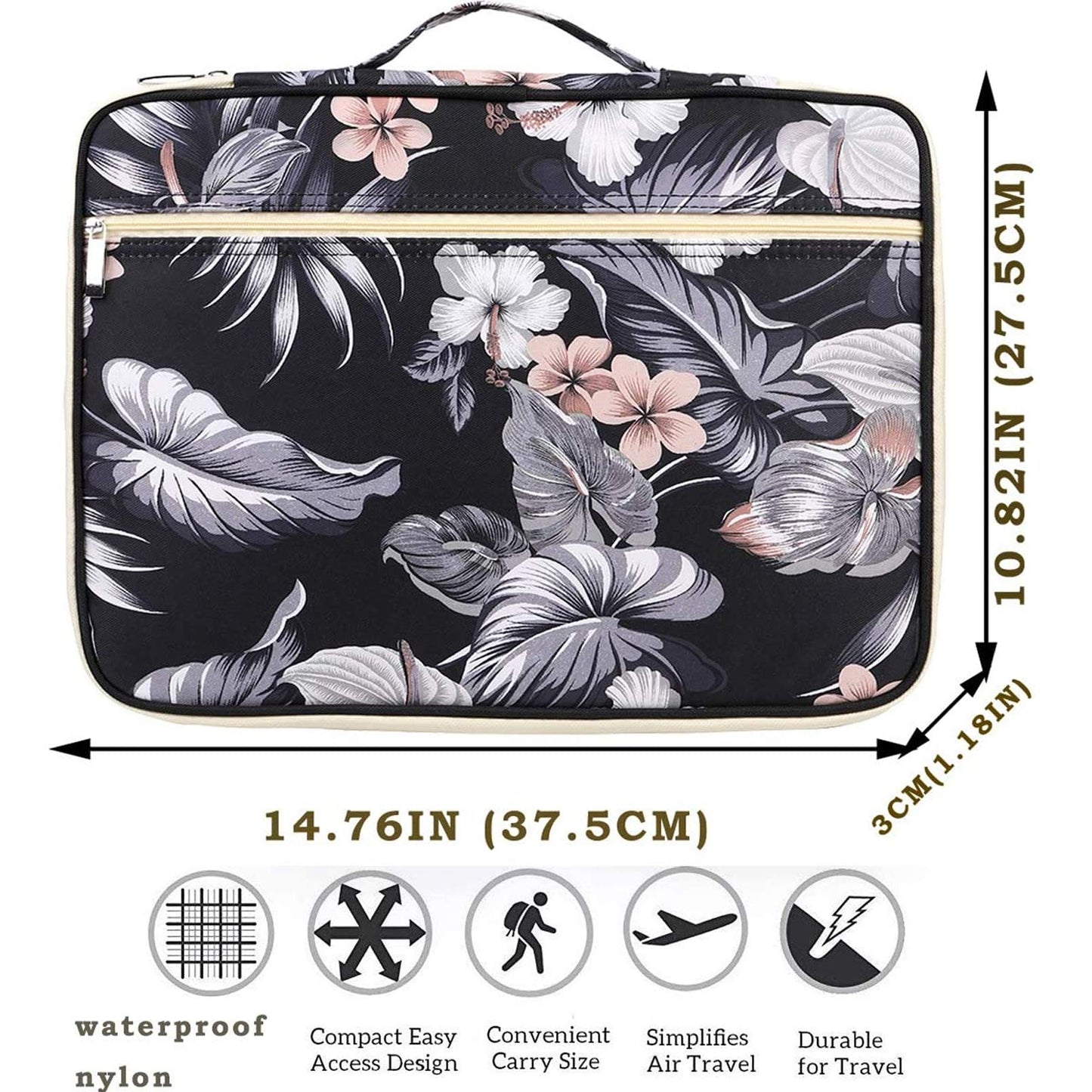 JAKAGO A4 Travel Portfolio Multifunctional Document Organizer Zippered Case for Office Supplies (Mulberry White)