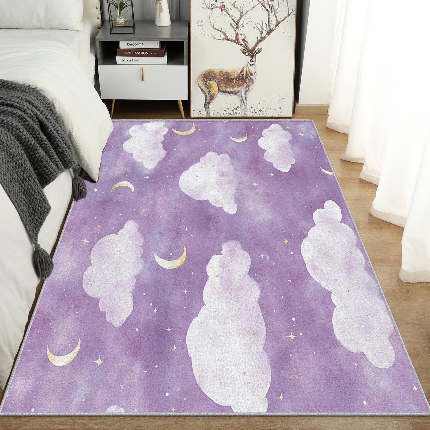 Vzdrahelia Purple Cloud Throw Rug 2x3,Moon Star Area Rug Washable,Kids Girls Rugs for Entryway, Bedroom,Cloud Pattern Indoor Door Mat Home Decor, Non Slip