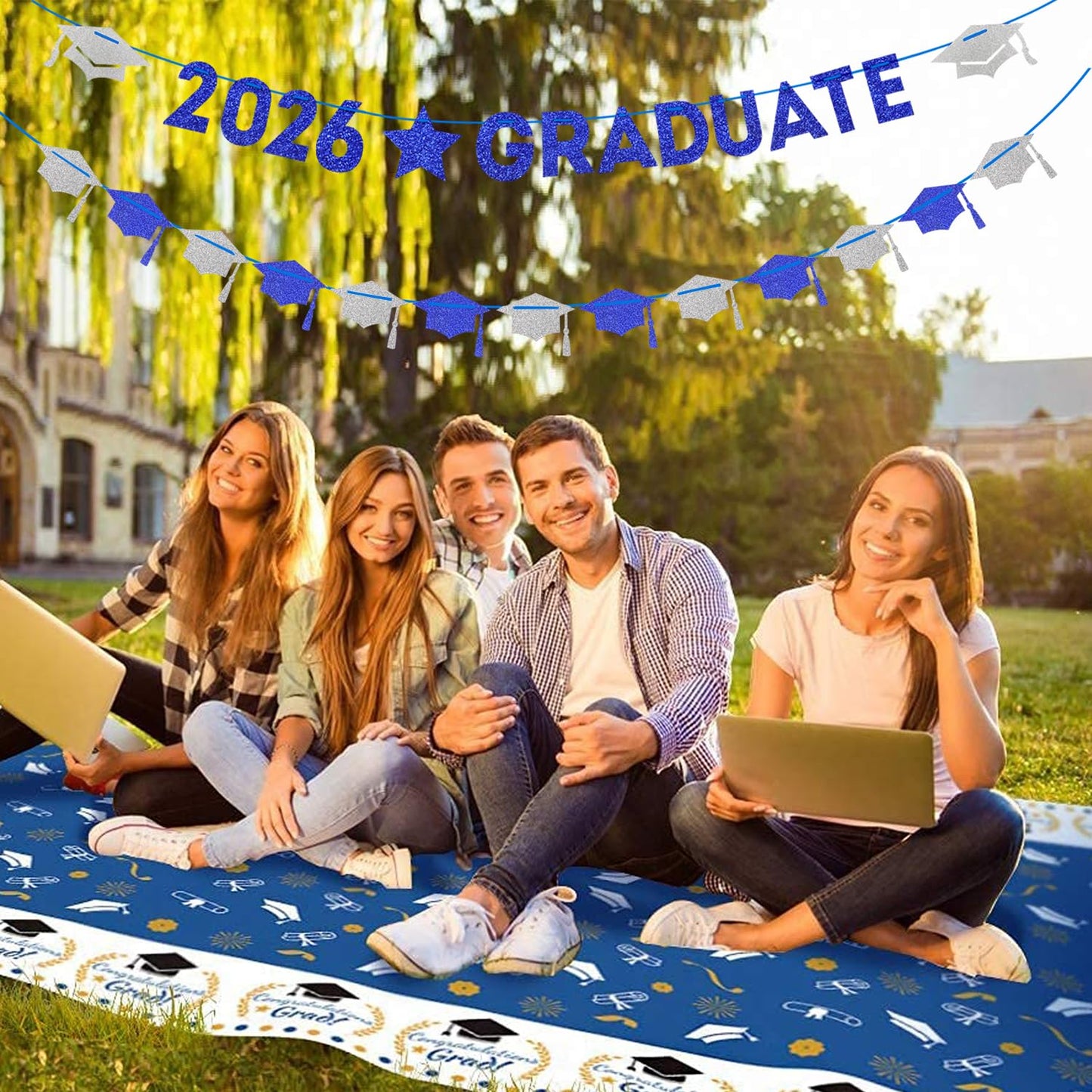 Navy-Blue White-Silver Party-Decoration Graduation Banner - 8pcs Kits Cap Garland Streamers, Paper Tissue Pom Poms Flowers, 2026 Craduate Banner Congratulations Grad Decor Lasting Surprise