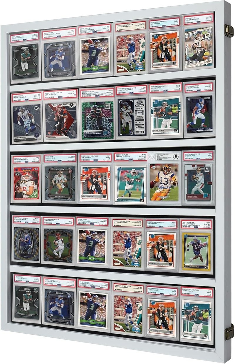 Wooden Sports Card Display Case - Lockable Plexiglass Frame with UV Protection | Holds 35 Graded Football, Baseball & Basketball Cards - White