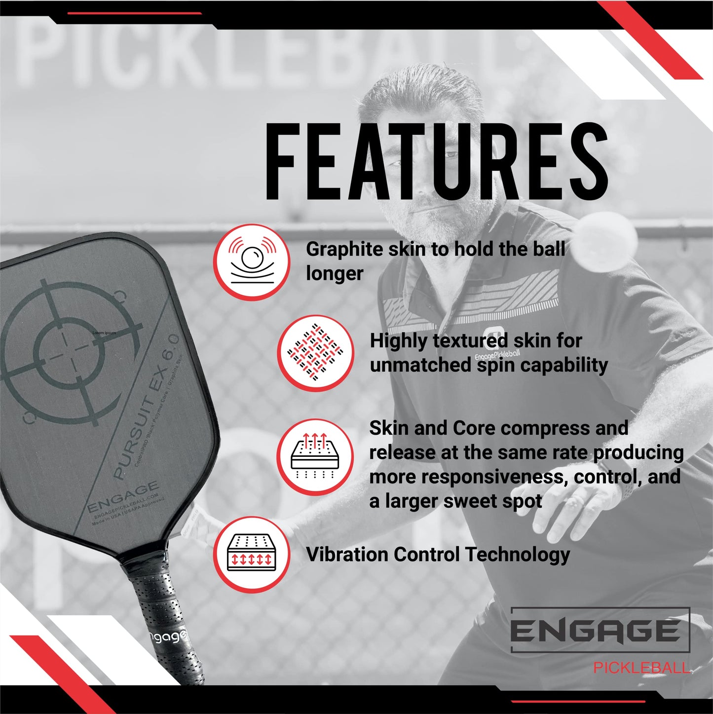 Engage Pickleball Pursuit EX 6.0 Pickleball Paddle - Graphite Pickleball Paddle with Black Core - USAPA Approved Pickleball Paddles - Pickleball Rackets for Adults - Made in USA - Standard (Black)