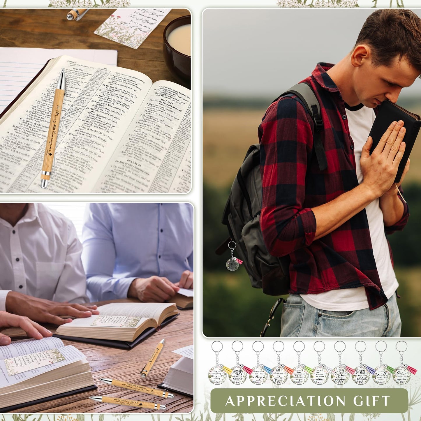 Spakon 10 Sets Fathers Day Christian Gifts Bulk Bible Verse Bamboo Pen Christian Floral Keychain Inspirational Bookmark Religious Church Gift for Church Members Women Sunday School Teacher (Bible)
