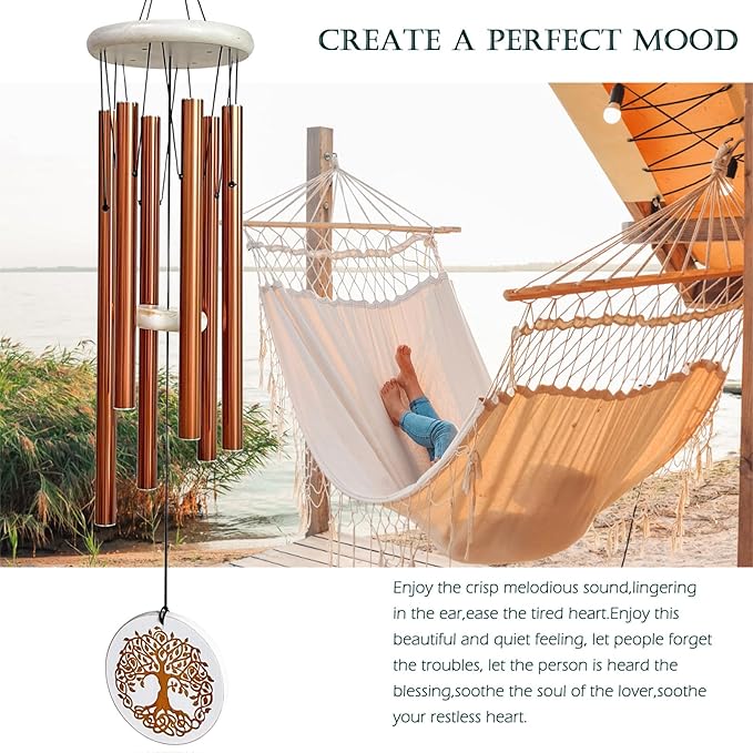 Tree of Life Memorial Wind Chimes, 33" Engraved Sympathy Gifts for Loss of Loved One, Home Yard Garden Decor (Copper)