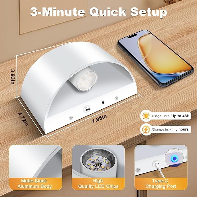 Battery Operated Wall Sconces Set of 2, White Rechargeable Wireless Remote & Touch Control Battery Wall Lights, 3 Color Temperatures, Timer Cordless Dimmable Light for Bedroom, Living Room, Hallway