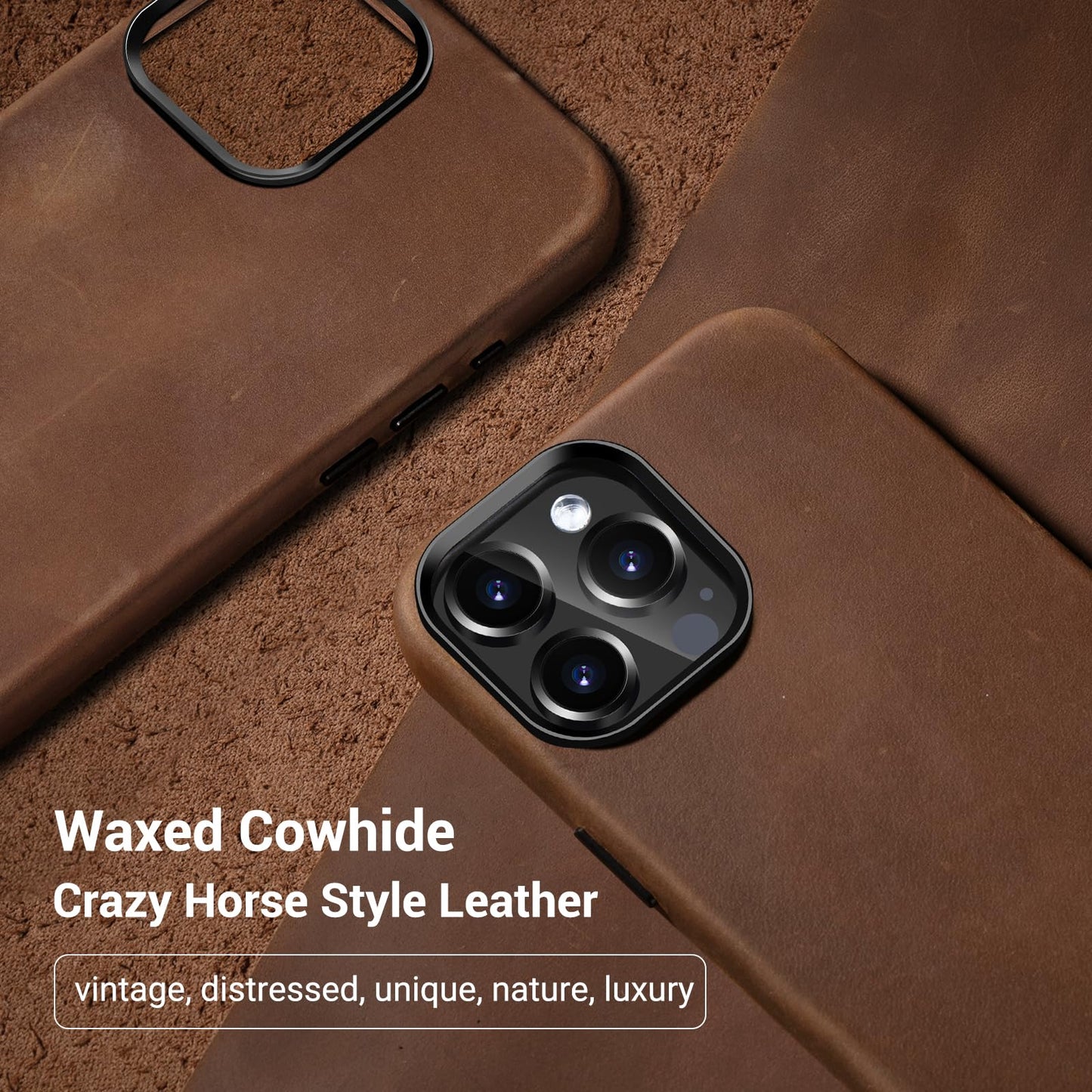 Belemay Compatible with iPhone 15 Pro Leather Case Magsafe - Top Grain Vintage Crazy Horse Leather - Metal Buttons & Camera Bezel Bump - Slim Fit & Soft - Premium Phone Cover (6.1-inch) Retro Brown