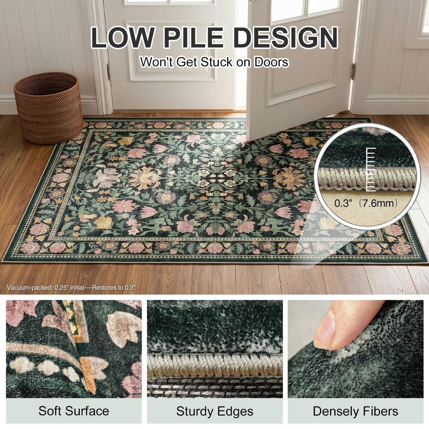 Cnythlis Washable Area Rug, Botanical Floral Living Room Carpet, 0.3" Low Pile Soft Rug, Non-Slip Silicone Grip Backing, Water-Resistant for Bedroom, Dining Room, Charcoal Green, 5'x7'