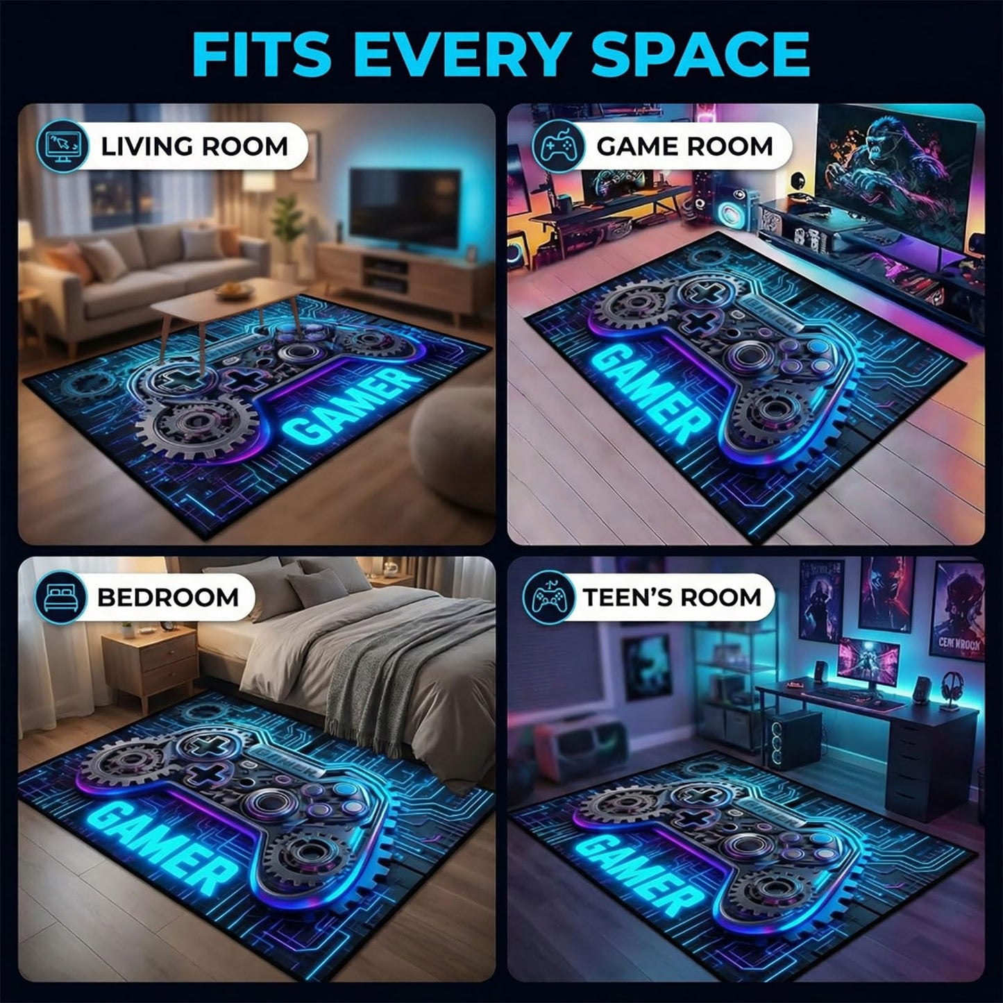 Dowtowter Gaming Rug for Boys Room, Neon Game Controller Area Rug, Non-Slip Gamer Decor Rug,Carpet for Gaming Room Kids Room Bedroom Living (Blue, 39‘’×59‘’)