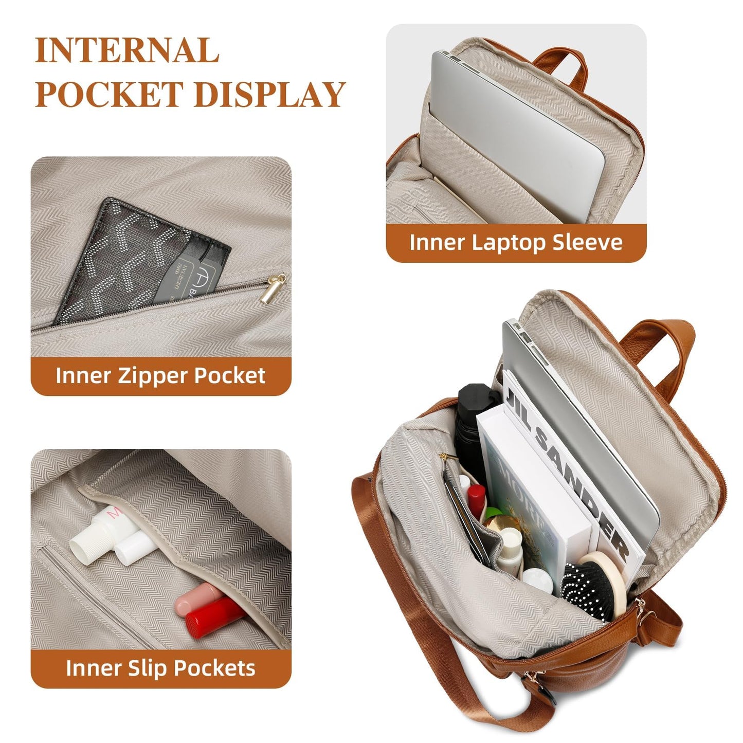 KKXIU Backpack Purse for Women - Multi-pocket Leather backpack for Travel, Work & School with Anti-Theft Lock Pocket, Luggage Strap & Water Bottle Pockets - 13x14x5.2 Inch, 1.67lb (Brown)