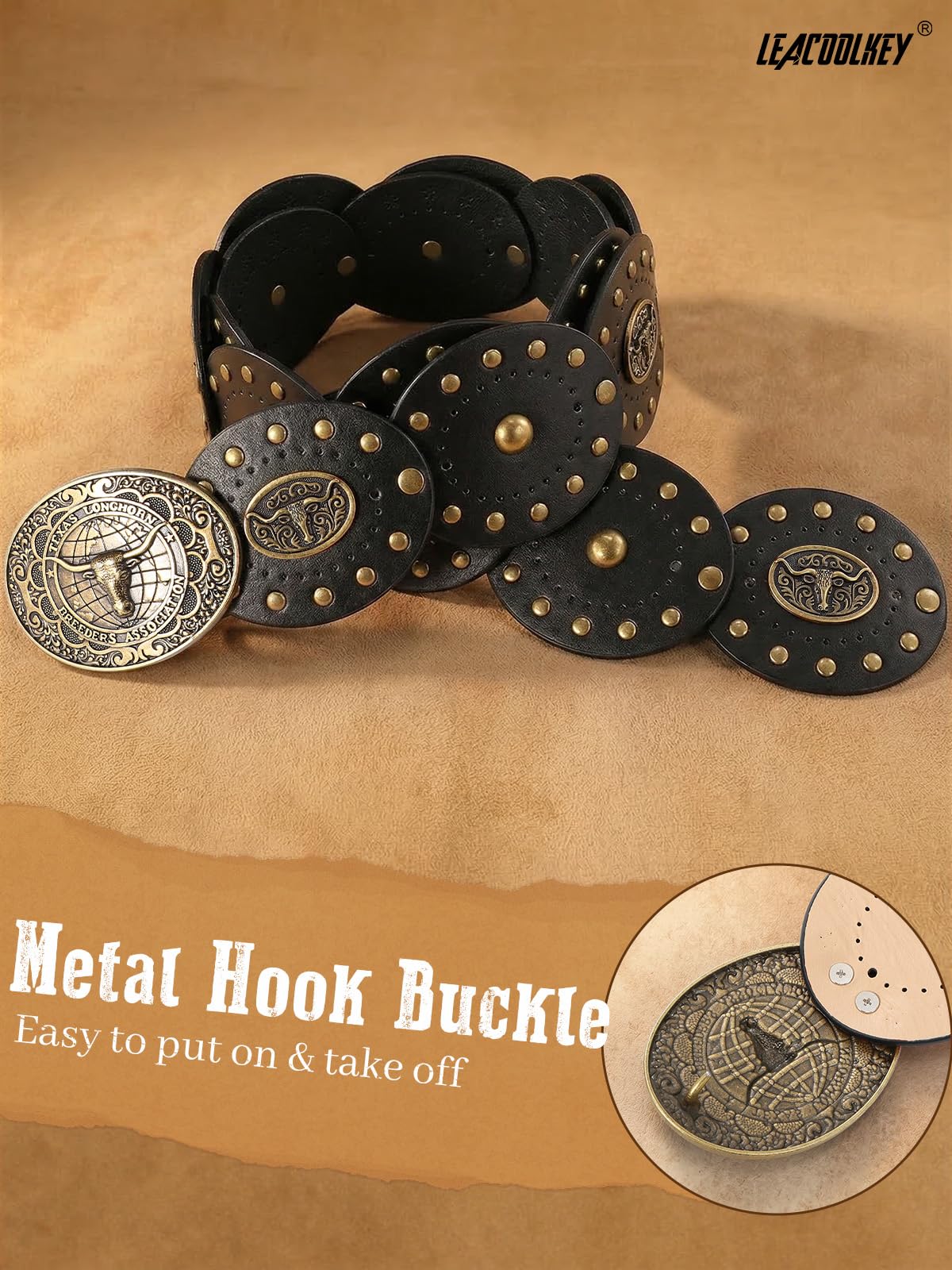 LEACOOLKEY Women's Boho Disc Belt Cowboy Wide Western Concho Leather Belt for Dresses Jeans Pants