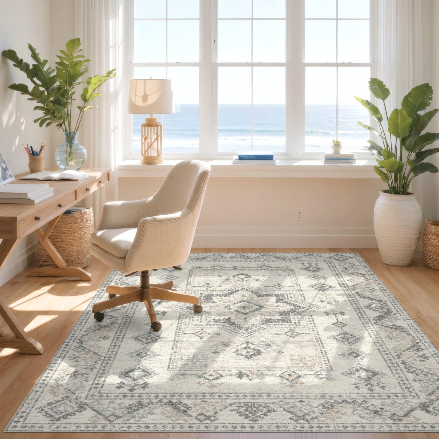 Design&I 8'x10' Washable Area Rug Traditional Medallion Centerpiece Rectangular Border Panel Design for Dining Room, Large Office, Lounge, Snag-Free Chair-Friendly Large