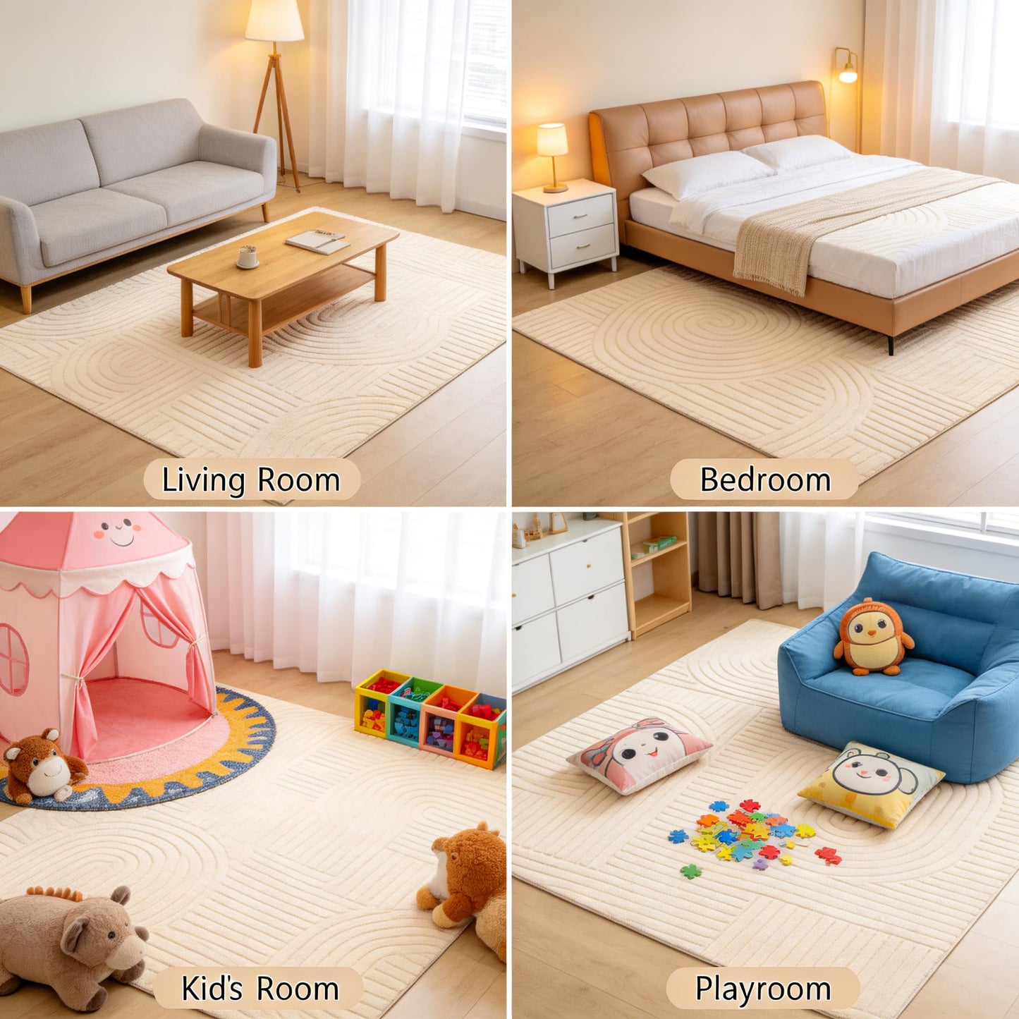 MATIIUI 5x7 Geometric Solid Beige Area Rug – Washable, Durable Non-Slip Indoor Carpet with Soft High-Low Pile, Fluffy Floor Rugs for Living Room, Bedroom, Bedside, Kids Room, Nursery,Home Office Décor