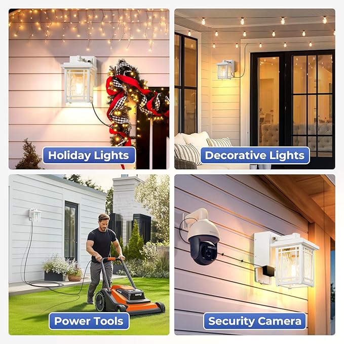 2-Pack Outdoor Wall Light with GFCI Outlet, White Dusk to Dawn Exterior Light Fixture Wall Lantern, Waterproof Front Porch Lights Wall Mount, Modern Outdoor Coach Lights with Water Ripple Glass