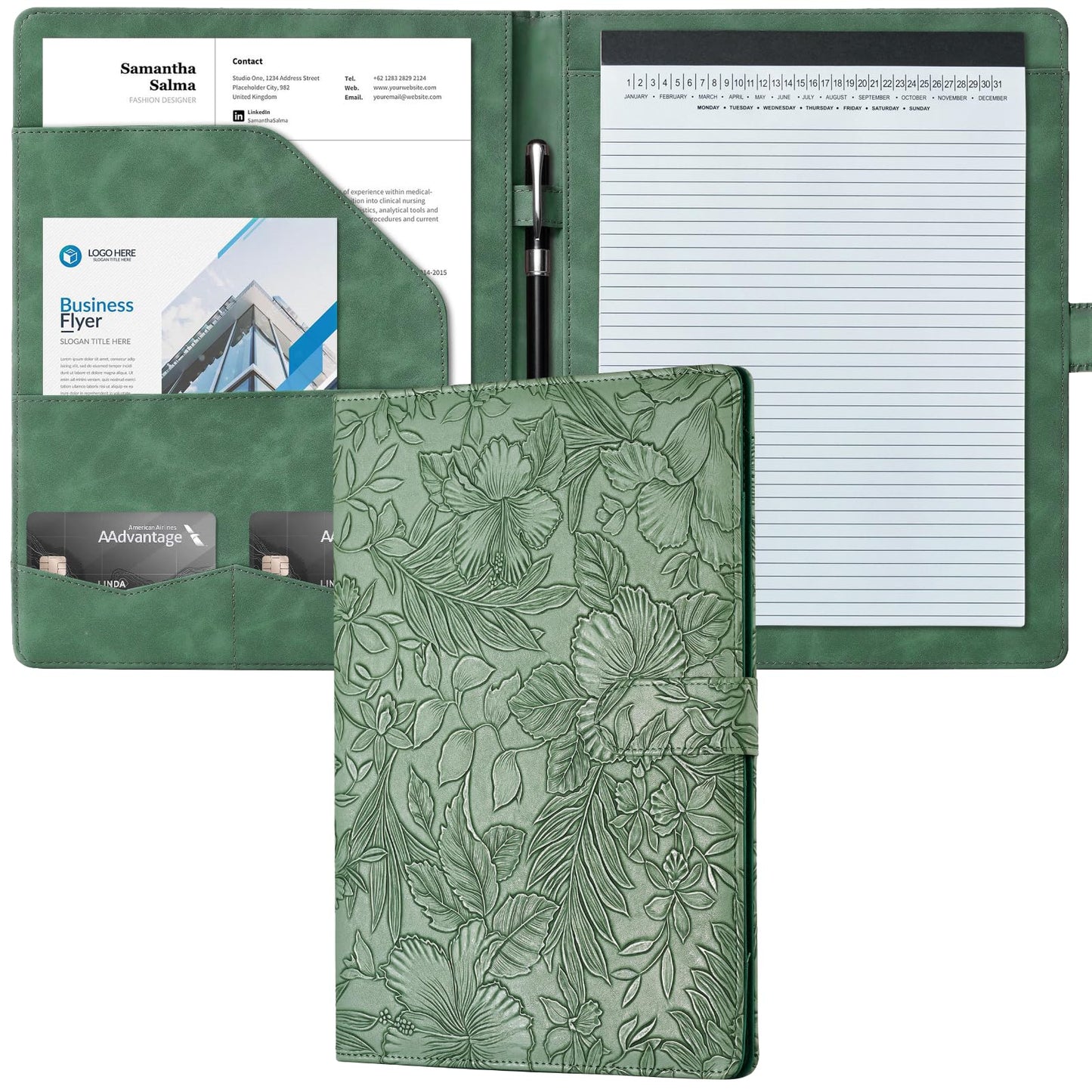Mymazn Padfolio Portfolio Binder, Faux Leather Interview Resume Folder with Document Organizer & Business Card Holder, Letter-Sized Notepad Legal Pad Holder for Women Men (Green)