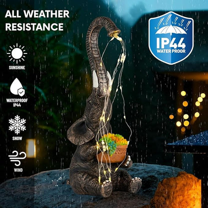 Elephant Garden Statue with Solar Watering Lights, Outdoor Resin Animal Sculpture for Patio, Lawn, Yard – Unique Gift for Women, Mom, Grandma (Copper Succulents)