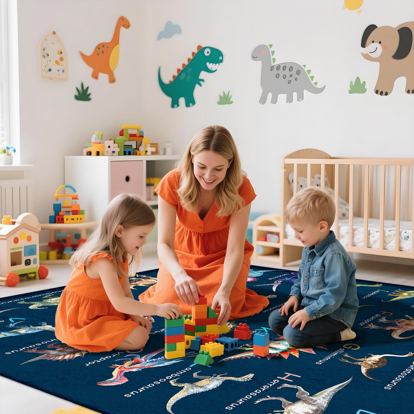 Kids Rugs for Playroom，5x7 Feet Educational Rugs for Learn The ABC Alphabet, Dinosaur Rugs for Boys Bedroom, Soft Machine Washable Non-Slip Carpet for Kids Room, Nursery, Classroom