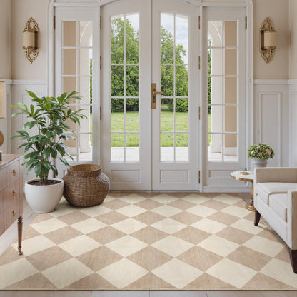Beeiva Checkered Print 5x7 Washable Area Rugs for Bedroom, Non Slip Ultra Thin Beige Rugs for Living Room, Geometric Plaid Dorm Decor Soft Low Pile Carpet for Office Kids Room Classroom