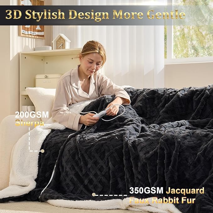 Heated Blanket Electric Throw 50 x 60 with 6 Heat Levels & 4 Hours Auto-Off，Soft&Warm Faux Rabbit Fur Fast Heating Blanket for Couch Home Office with Overheating Protection & ETL Certified(Dark Gray)