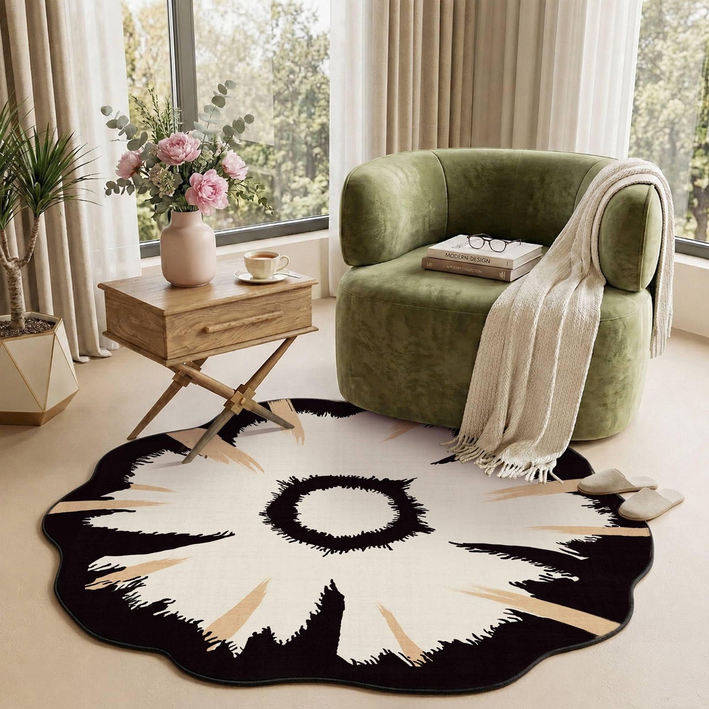 Latte&Fog Round Area Rug for Living Room, Modern Floral Washable Circle Rug, Boho Non Slip Low Pile Carpet for Bedroom, Dining Room, Entrance and Hallway(4ft Round)
