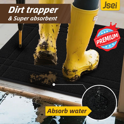 JSEI Door Mat, Low Profile Front Entryway Rugs for Wet Shoes and Dirty Pet Paws, Absorbent Dirt Trapper Doormat, Non Slip TPR Backing, Machine Washable Entryway Mat, Black, 20" x 32"