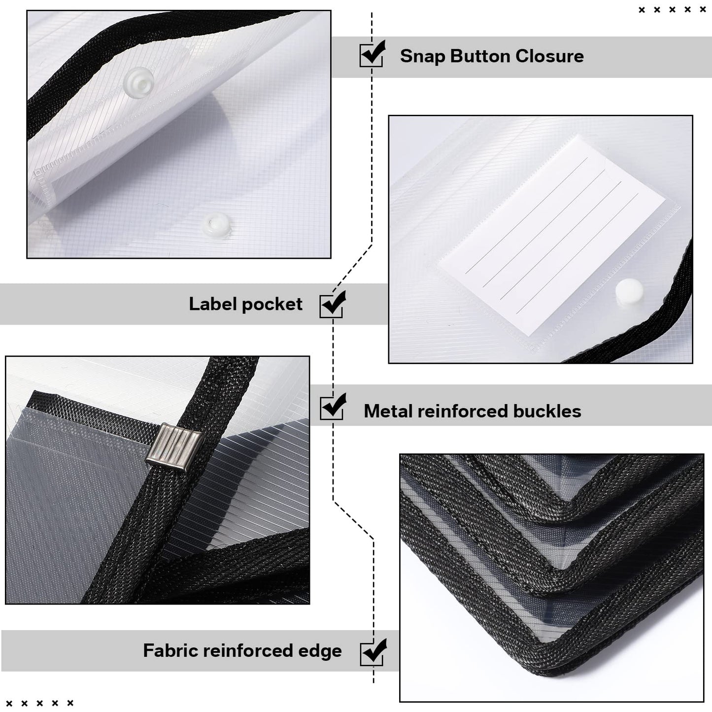 10 Pieces Plastic File Folders Envelope Expanding File Wallet Organizer Documents Folder with Snap Closure and Pocket B4 Waterproof Transparent Pouch for School Office(Black, White,Horizontal)