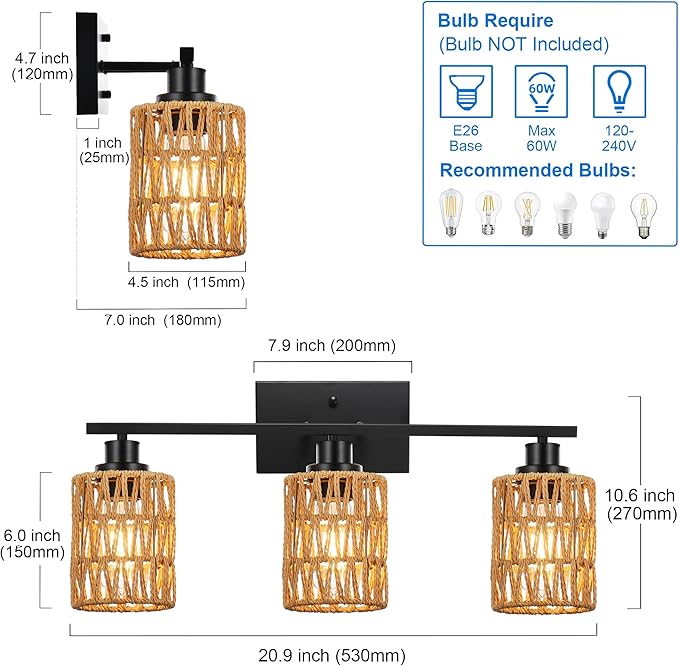 MELUCEE 3 Light Bathroom Vanity Light Rattan Wall Sconce 24 Inches Farmhouse Bathroom Light Fixtures with Rattan Lamp Shade, Black Finish, Suitable for Kitchen Hallway Living Room