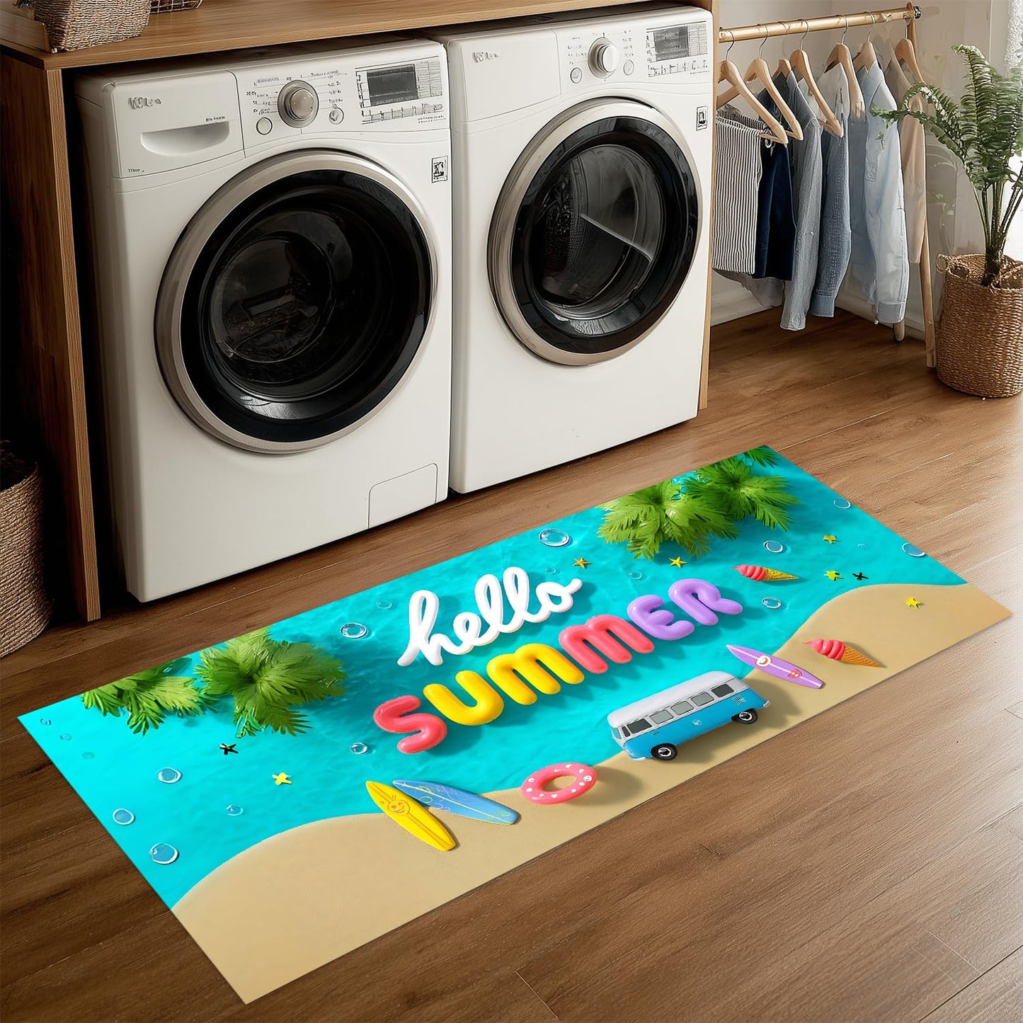 LEIWEIHOPE Hello Summer Summer Runner Rug 20x47 inch Non-Slip Waterproof Laundry Room Rug Kitchen Runner Bathroom Mat with Festive Designs,Outdoor Indoor Entryway Floor Mat Home Decor