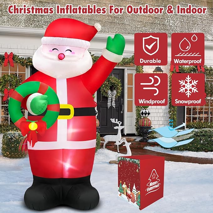 Danxilu Christmas Inflatables Outdoor Decorations 6 FT Santa with Wreath Built-in LED Lights, Inflatable Santa Claus Waving Hand Blow up Yard Decor for Outside Garden Lawn Xmas Holiday Party