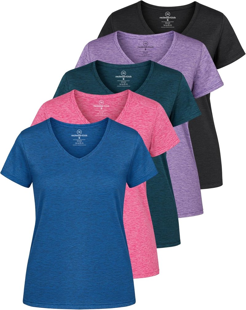 Real Essentials Women's Dry-Fit V-Neck T-Shirt - 5 Pack Workout & Yoga Tops | Plus Size Available