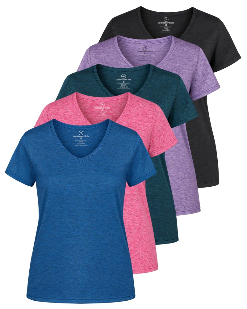 Real Essentials 5 Pack: Women's Dry-Fit Short Sleeve V Neck T Shirt Workout Fitness Yoga Top Tee (Available in Plus Size), Set 7, 3X