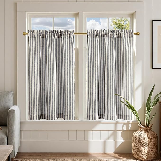 jinchan Striped Linen Kitchen Curtains 36 Inches Tier Curtains Farmhouse Modern Cafe Style Small Window Treatments Airy Light Filtering Rod Pocket for Living Room Bathroom 2 Panels Charcoal Grey