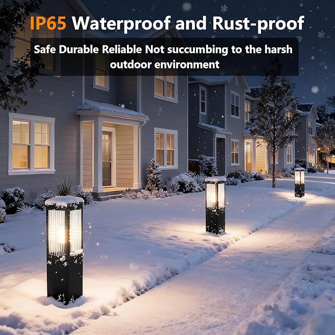 Outdoor Landscape Path Light Stainless Steel Waterproof Bollard Lighting Hardwired E26 Glass Post Pillar Lights Black Modern Lawn Lighting Outside House Pathway Lamp For Garden Patio Yard Street Light