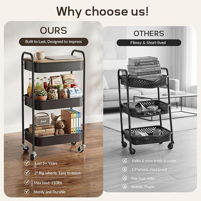 DTK 3 Tier Rolling Cart with Wheels, Heavy Duty Metal Utility Cart, Mobile Storage Organizer with Lockable Casters, Multi-Purpose Rolling Cart for Nursery, Bathroom, Kitchen, Office, Classroom