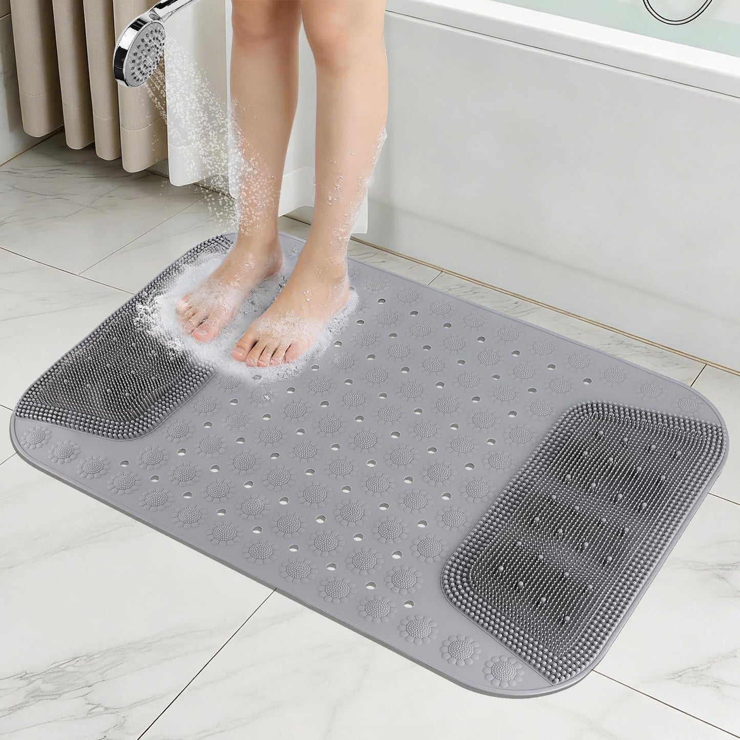 Rolcoassuns Bathtub Shower Mat Non Slip, 28.7x18.9 inch Silicone Bathroom Mat with Foot Scrubber on Both Sides, Drain Hole and Suction Cups, Machine Washable Bath Mats for Elderly, Pet (Gray)