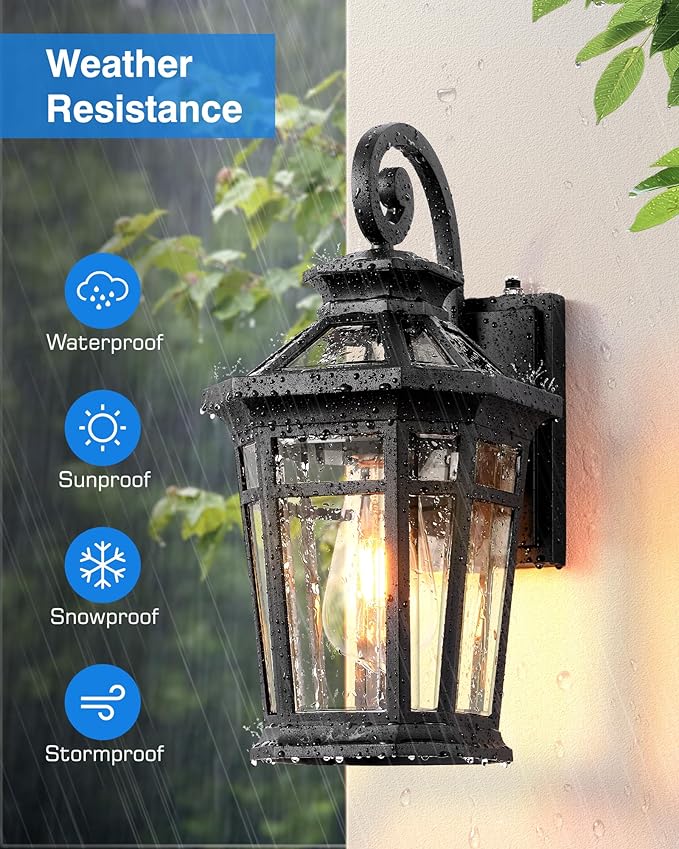 Outdoor Light Fixtures Wall Mount, Black Exterior Sconce Lights Waterproof, Dusk to Dawn Porch Light with Beveled Glass, 100% Aluminum Outdoor Wall Lantern for Garage, Outside Lights for Patio