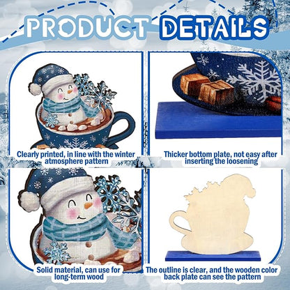 Realspring 6 Pcs Wooden Winter Table Decor Blue Winter Tiered Tray Decor Wood Decorative Gnome Snowman Truck Signs Hello Centerpieces for Kitchen Office Home