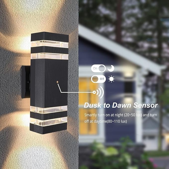 2 Pack Dusk to Dawn Outdoor Wall Lights, LED Exterior Lighting Fixtures, Square Porch Up and Down Light Wall Mount Black Front Door Wall Sconce for Hallway Patio Garage