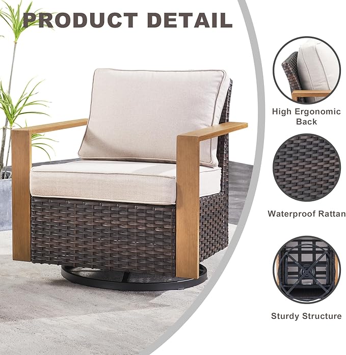 Rilyson Outdoor Wicker Patio Furniture Set - 5 Piece Patio Conversation Set with 2 Wicker Swivel Rocker Chairs,2 Ottoman, 1 Side Table, Thick Cushions, Deep Seating, Wide Armrest(Brown/Beige)
