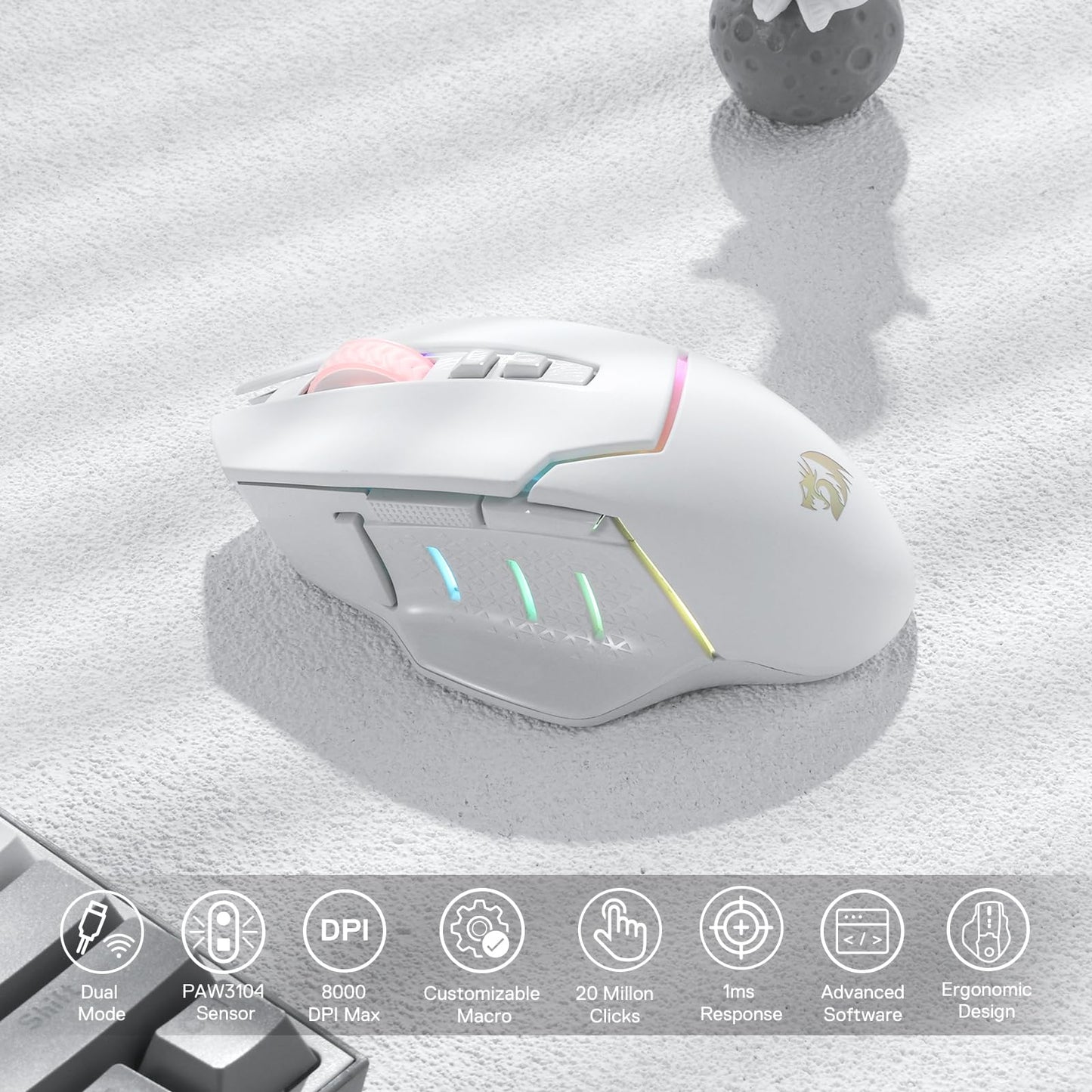 Redragon M690 PRO Wireless Gaming Mouse, 8000 DPI Wired/Wireless Gamer Mouse w/Rapid Fire Key, 8 Macro Buttons, Ergonomic Design for PC/Mac/Laptop, White