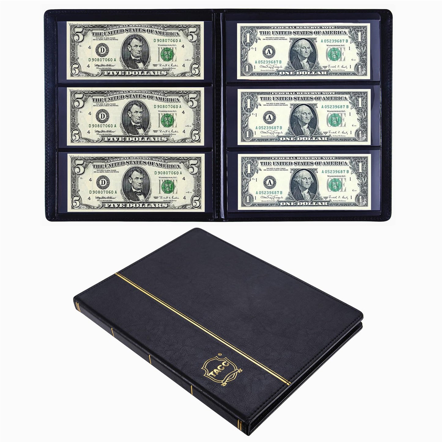 Ettonsun Leather 60-Pocket Dollar Bill Holders for Collectors Paper Money Album Currency Collection Supplies Book Travel Banknote Stamp Storage,Collection Folder for paper souvenirs, Black