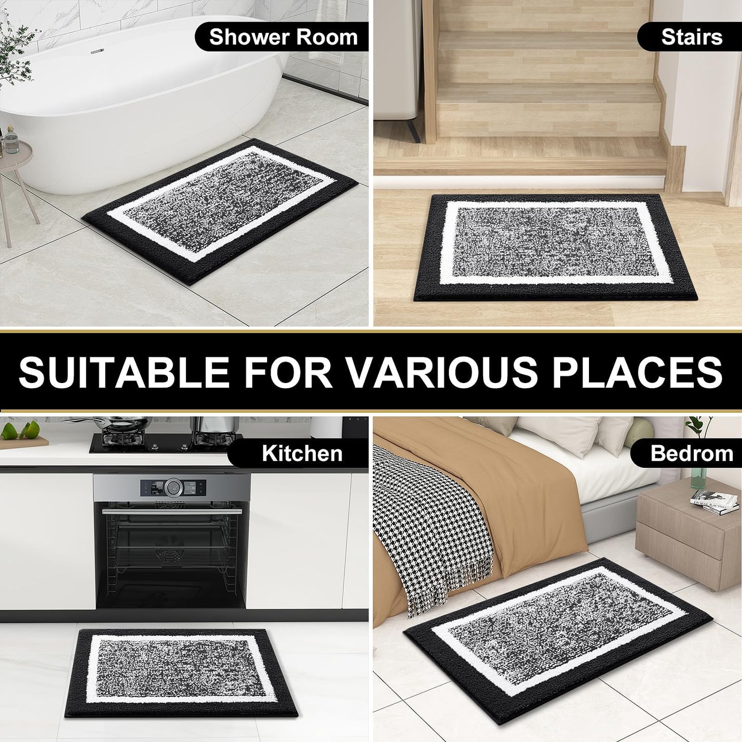 OLANLY Bathroom Rugs Sets 3 Piece, Soft Absorbent Microfiber Bath Mats and U-Shaped Contour Toilet Rug, Non-Slip, Home Decor Accessories, Bath Mat Set for Bathroom (30"x20"+24"x16"+24"x20", Black)