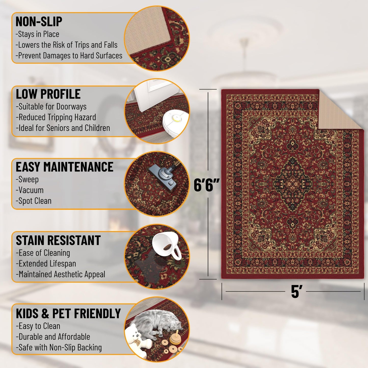 Ottomanson 5' x 6'6" Rugs for Living Room Oriental Area Rug for Bedroom - Non Slip Durable Large Floor Carpet for High Traffic Areas - Indoor Rug for Dining Room Kitchen Kids Playroom, Red