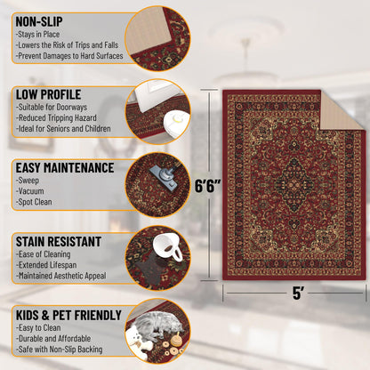 Ottomanson 5' x 6'6" Rugs for Living Room Oriental Area Rug for Bedroom - Non Slip Durable Large Floor Carpet for High Traffic Areas - Indoor Rug for Dining Room Kitchen Kids Playroom, Red